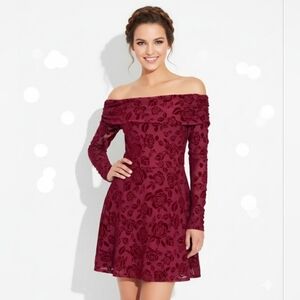 Wild Fable Burgundy Flocked Floral Mini Dress XXS Off Shoulder Long Sleeve NWOT